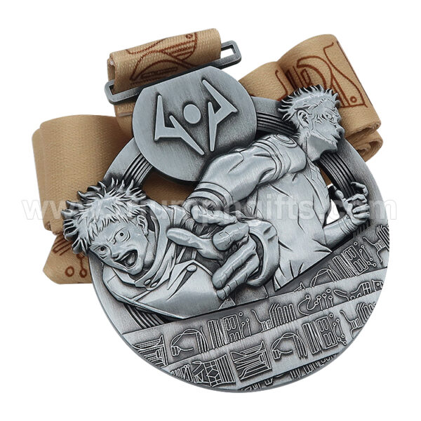 Custom 3D Antique Silver Anime Medal with Ribbon - Image 2