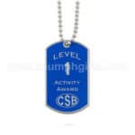 Shiny blue dog tag-style award with silver lettering for level achievement, attached to a ball chain necklace.