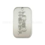 Polished aluminum dog tag engraved with "TO PROMOTE GOOD", custom promotional product badge for branding and giveaways.