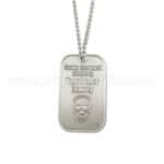 Dog tag with engraved text and skull design, customizable promotional product for events, awards, or souvenirs. Made of durable metal with metal ball chain for easy wear.