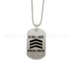 Custom military dog tag necklace with "Buba Army" and "Special Forces" engraved, featuring chevron insignia on brushed metal, perfect for personalized promotional gifts and awards.