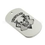 Skull and dagger metal tag with custom logo and text for promotional use, ideal for awards or branding.