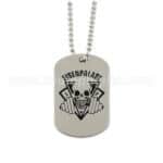 Dogtag with custom graffiti skull logo, "Eisenpalast" text, and barbell graphic on a silver chain.
