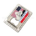 Flags and emblem of Operation Iraqi Freedom on a metal bottle opener, commemorating military service and achievements. Perfect for custom promotional products, trophies, and medals.