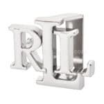 Shiny silver interlocking "R" and "J" letter jewelry or accessory piece with a modern design.