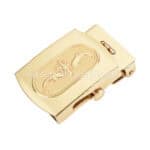 Shiny gold dolphin-themed belt buckle with engraved dolphin and compass design on textured background. Elegant promotional accessory for custom branding and awards.