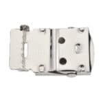Shiny silver metal belt buckle with adjustable latch and classic design for promotional awards and custom trophies.