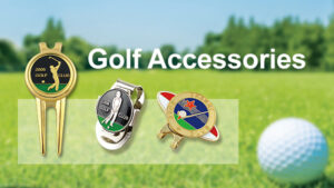 Set of personalized golf accessories including towel, balls, and divot tool