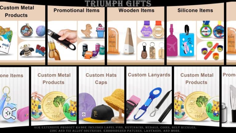 Triumph Gifts custom corporate gifts and promotional merchandise collection showcasing metal pins, patches, lanyards, silicone items, leather goods, wooden products, and custom hats