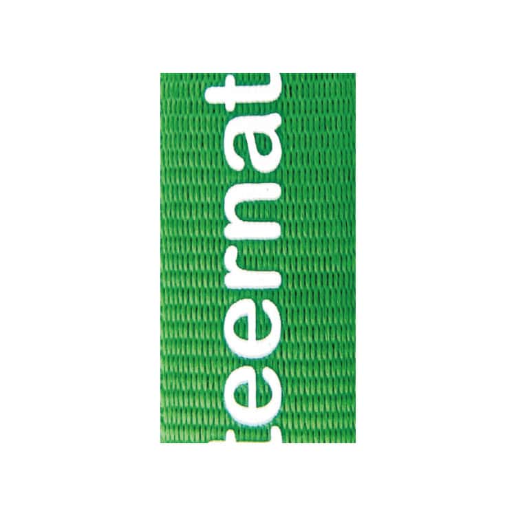 Green woven fabric label with the word "eat" printed in white text.