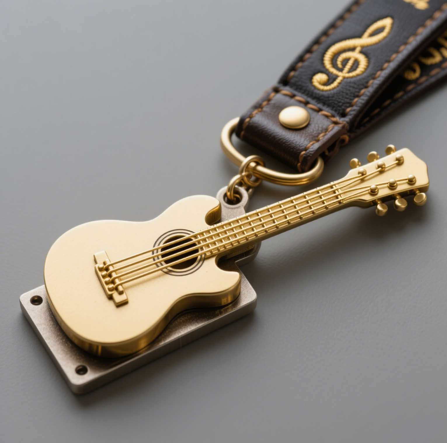 Gold guitar-shaped keychain with a leather strap and musical note embroidery, perfect for promotional giveaways.