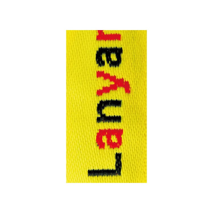 Custom embroidered yellow fabric label with red and black text reading "Leroy". Perfect for branding clothing, accessories, or promotional items. High-quality stitching for durability and vibrant color retention.