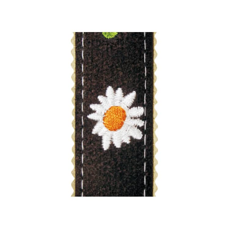 Embroidered daisy flower patch on black fabric ribbon, ideal for custom promotional products, awards, or embellishments.