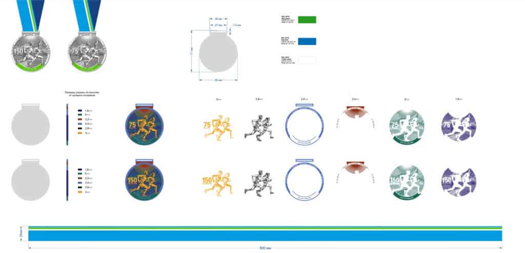 Medal design blueprint showcasing detailed measurements and various color options for custom athletic medals.