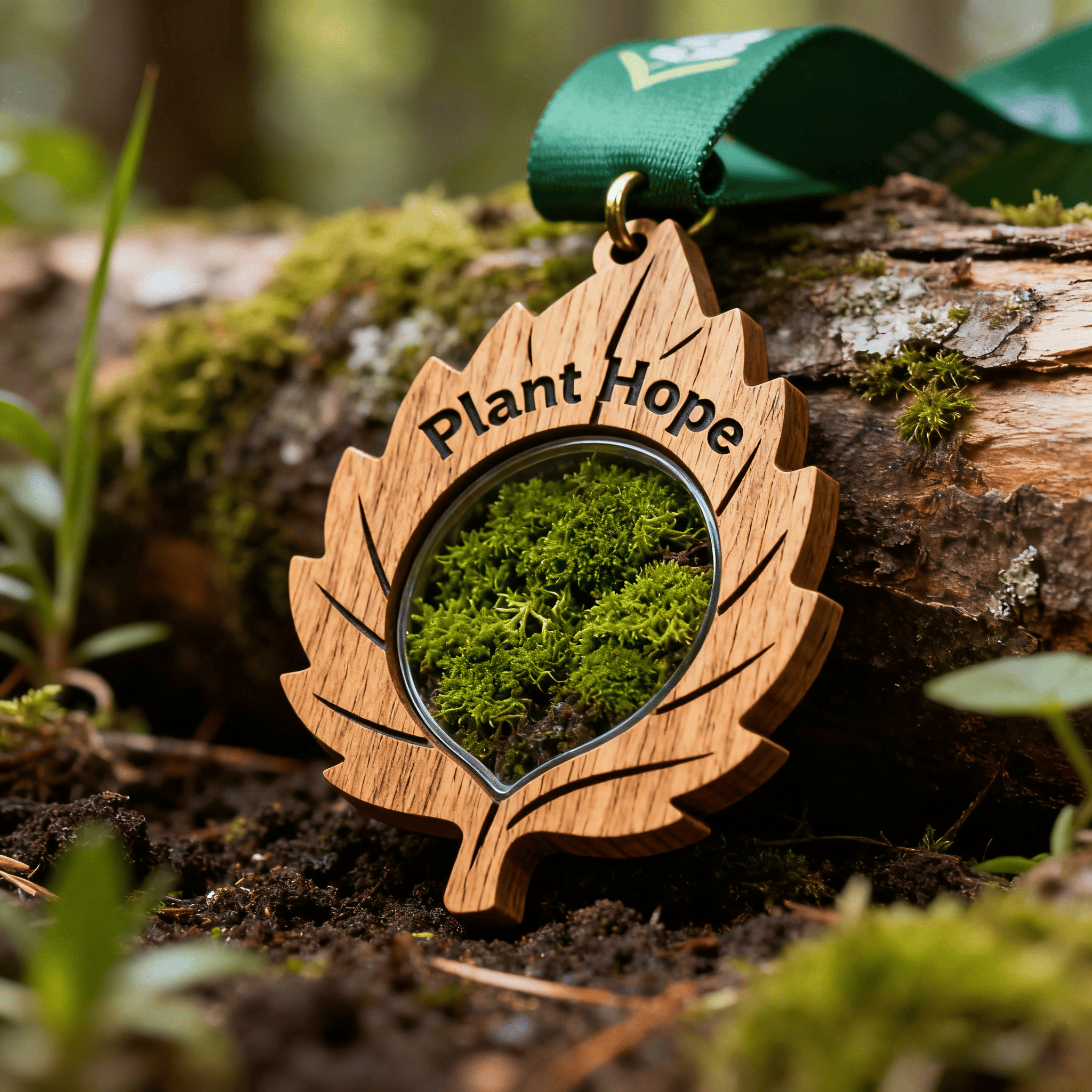 Custom wooden leaf medal with "Plant Hope" engraved, featuring a glass center filled with moss, attached to a green ribbon, symbolizing environmental conservation and sustainability.