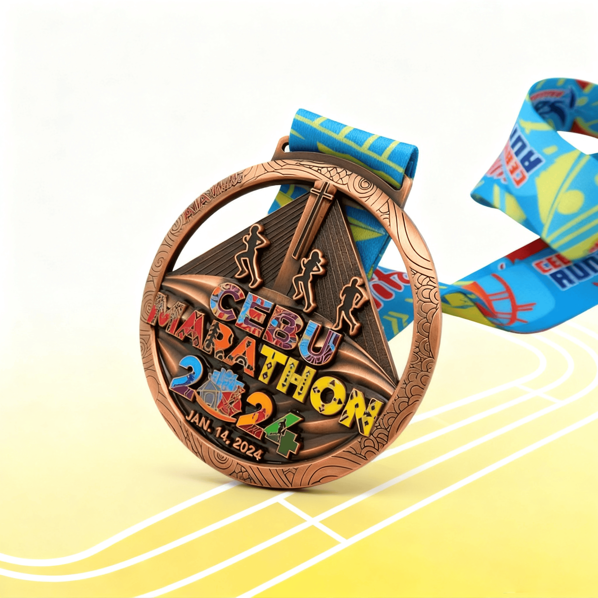 Personalized marathon race medal with custom ribbon and event logo.