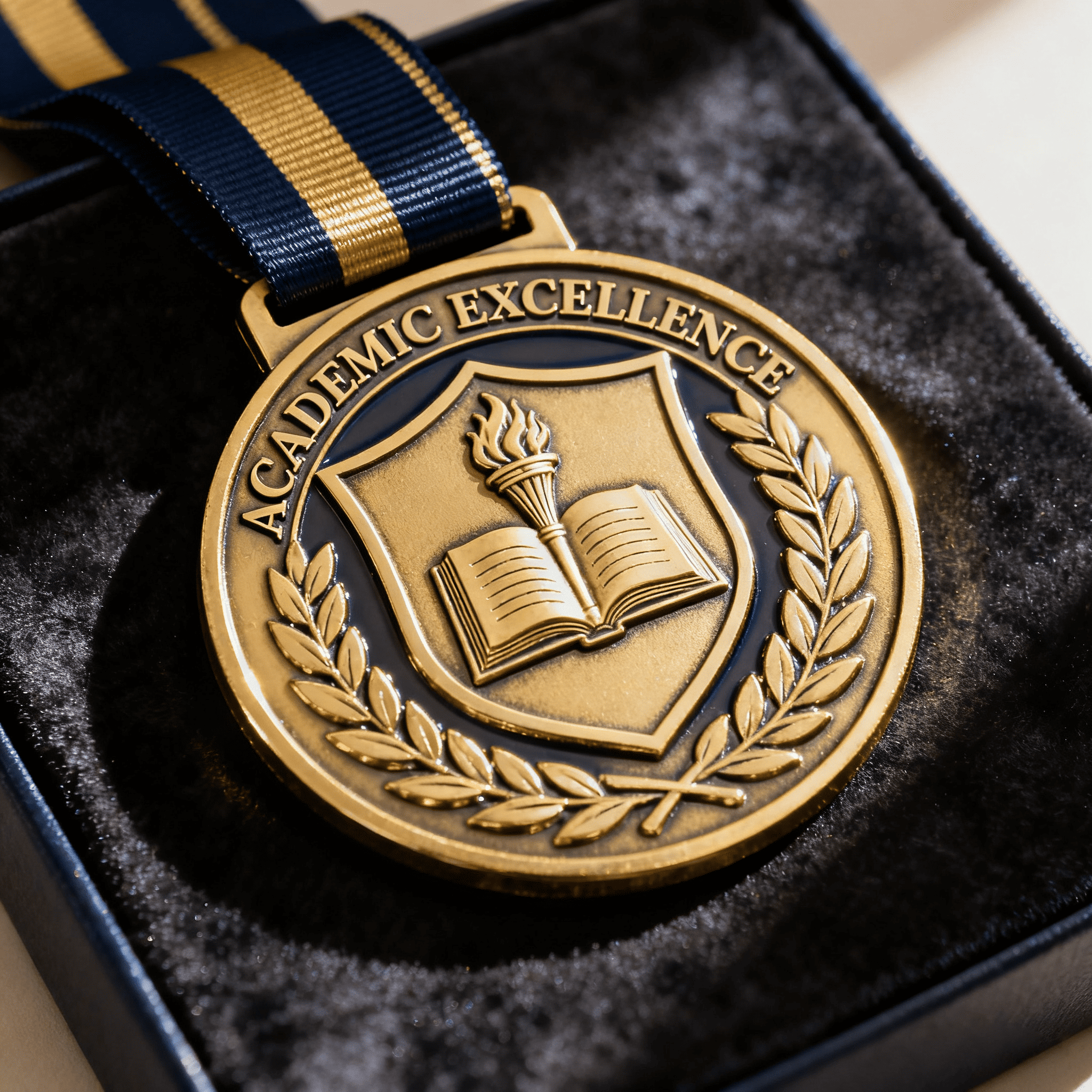 Custom academic medals with engraved design and school ribbons for student achievement awards by Triumph Gifts.