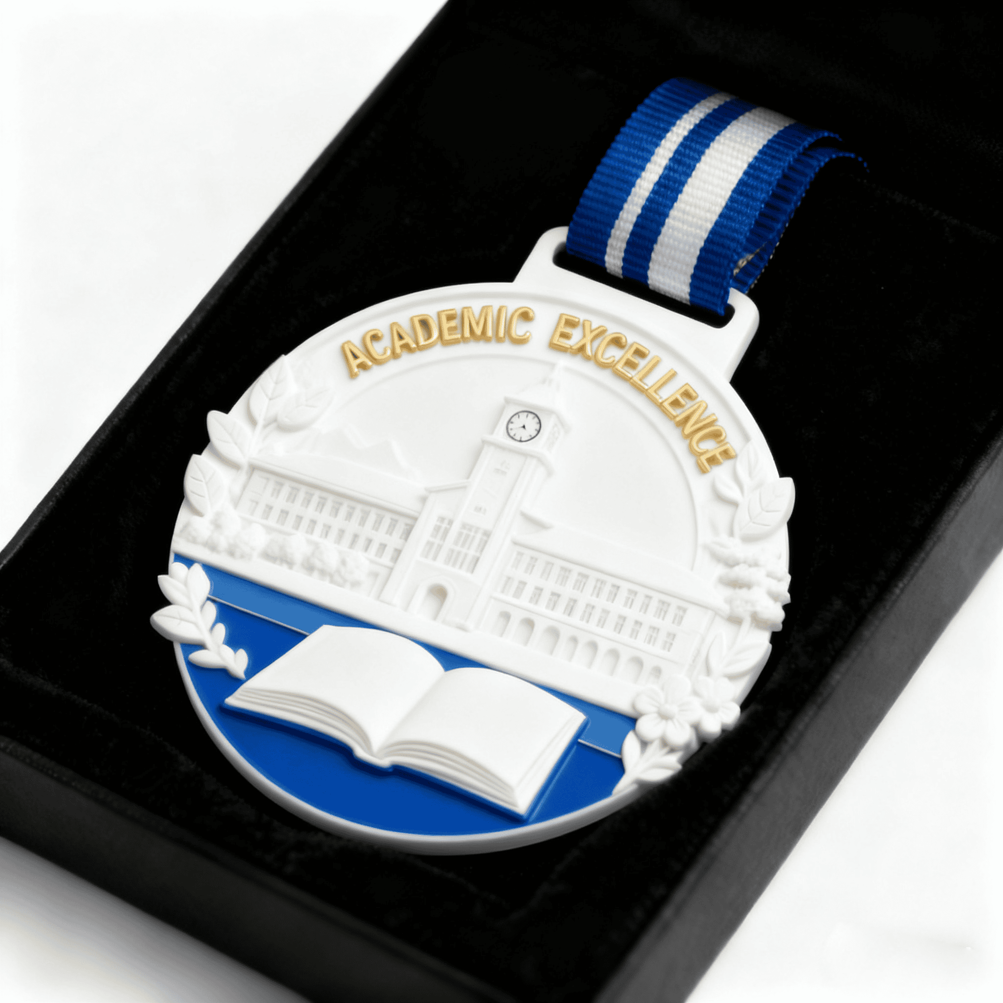 Medal featuring a school building, open book, and "Academic Excellence" inscription, awarded for academic achievement and excellence.