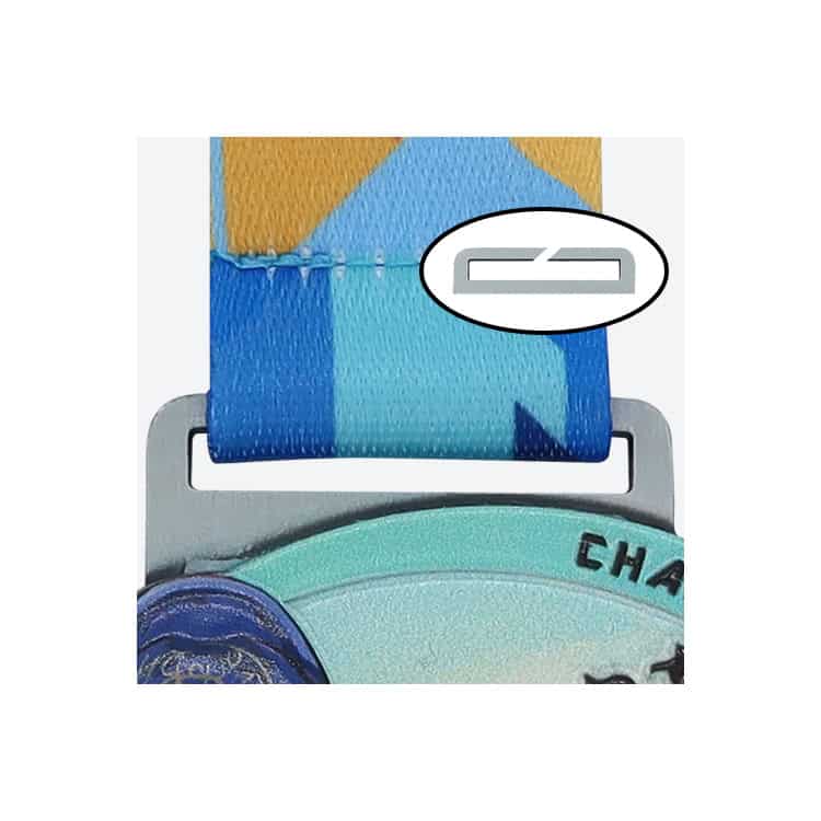 Bright blue and gold ribbon medal featuring a close-up of the ribbon's texture and a digital spot for engraving, perfect for awards, trophies, and medals manufacturing and customization.