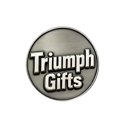 Metal logo badge with "Triumph Gifts" text, representing a custom promotional products manufacturer.
