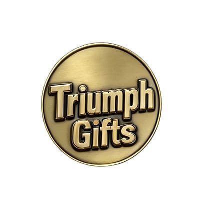 Gold emblem with "Triumph Gifts" text, custom promotional products, trophies, and medals manufacturer logo.