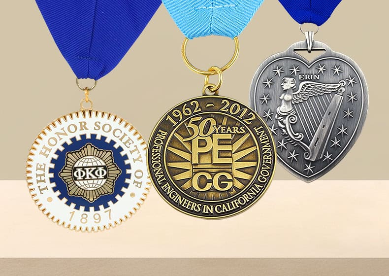 Medal close-up with custom engraving and vibrant ribbons showcasing high-quality promotional trophies and medals manufacturing.