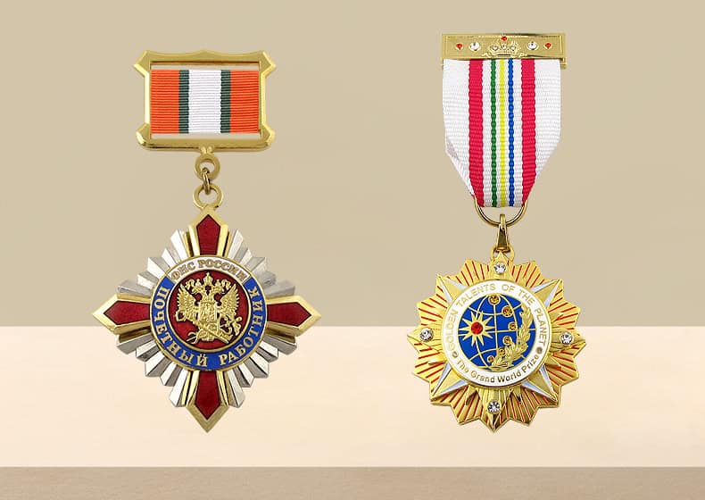 Medal with red and blue ribbon, featuring Russian emblem, for military or achievement recognition.