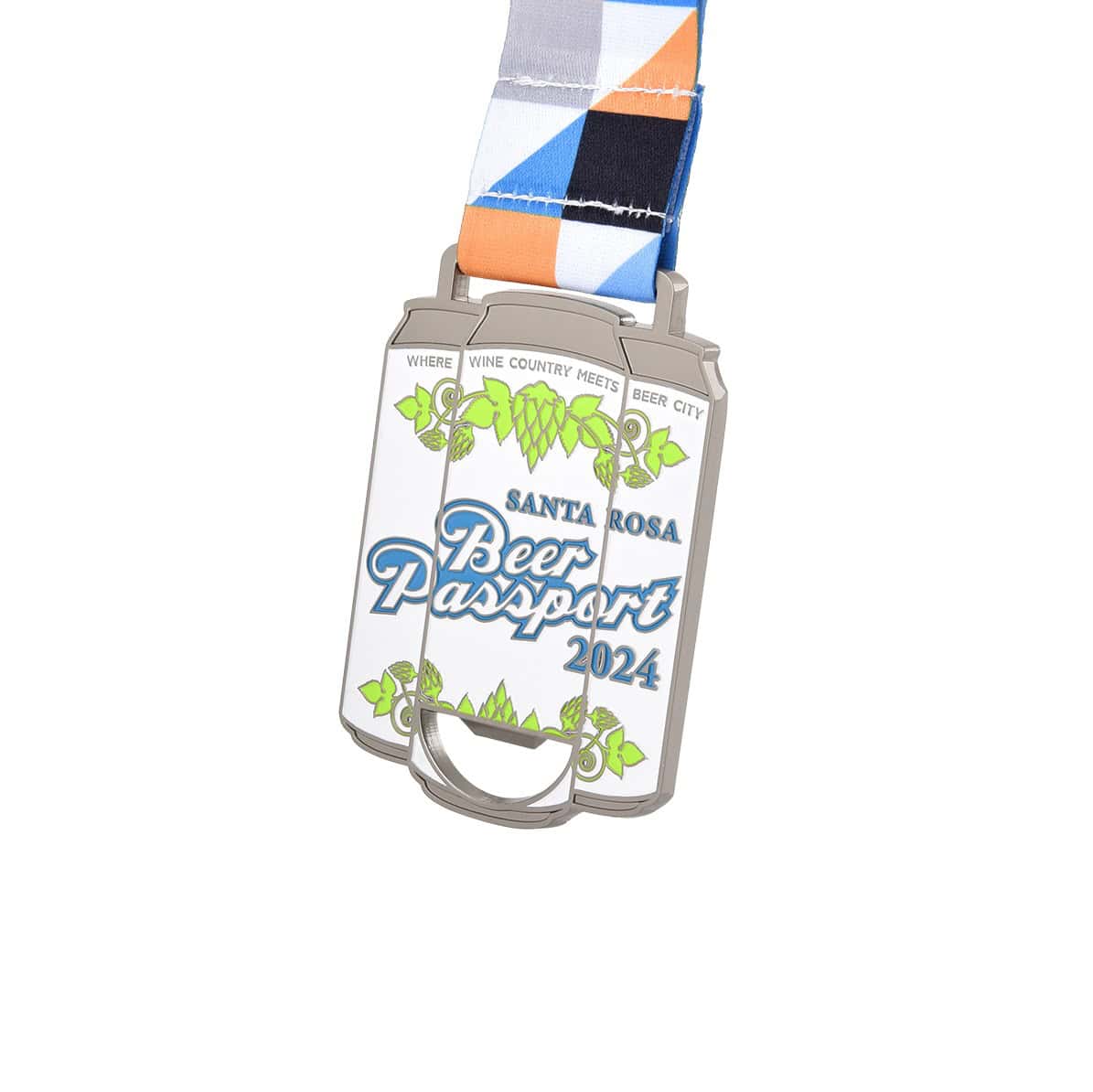 Colorful beer passport medal with custom design and ribbon for promotional events and awards.