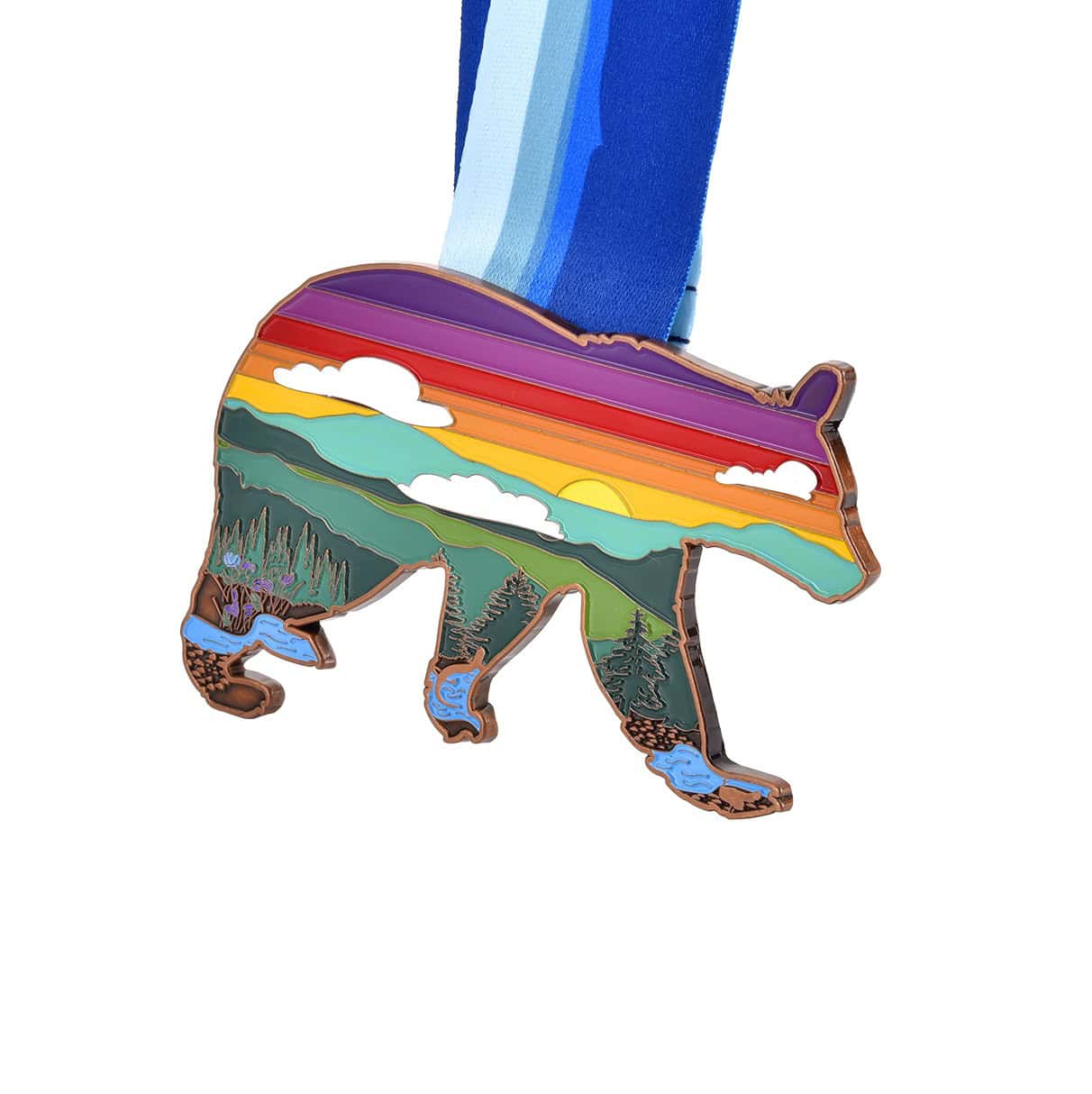 Colorful wolf-shaped enamel medal with a landscape design featuring mountains, trees, a river, and a sunset, attached to a blue ribbon for awards and recognition.
