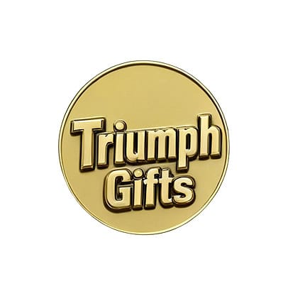 Shiny gold Triumph Gifts logo badge showcasing custom promotional trophies, medals, and awards for corporate, sports, and special events.
