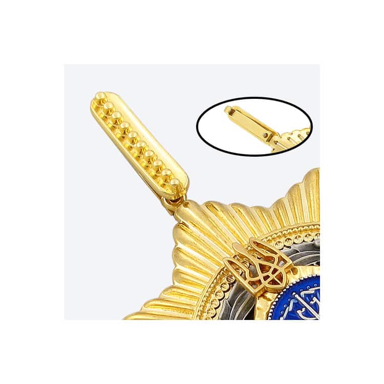 Close-up of a gold medal pendant featuring detailed craftsmanship and a secure clasp, ideal for custom awards and medals.