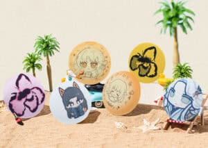 Colorful custom promotional balloons with anime and nature designs, set on a sandy beach with palm trees, starfish, and a toy car, showcasing personalized trophies, medals, and unique branding products.