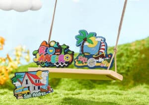 Colorful custom travel souvenirs including Rio de Janeiro, San Andres, and tropical-themed designs, perfect for promotional branding, gifts, and souvenirs.