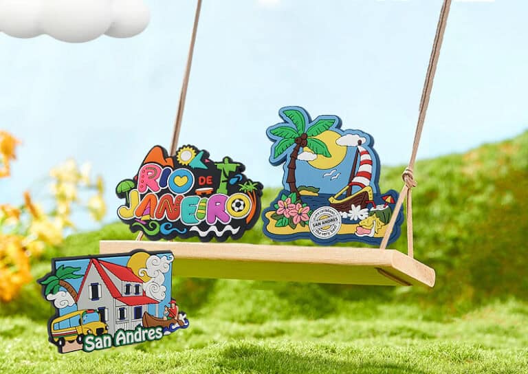 Colorful custom travel souvenirs including Rio de Janeiro, San Andres, and tropical-themed designs, perfect for promotional branding, gifts, and souvenirs.