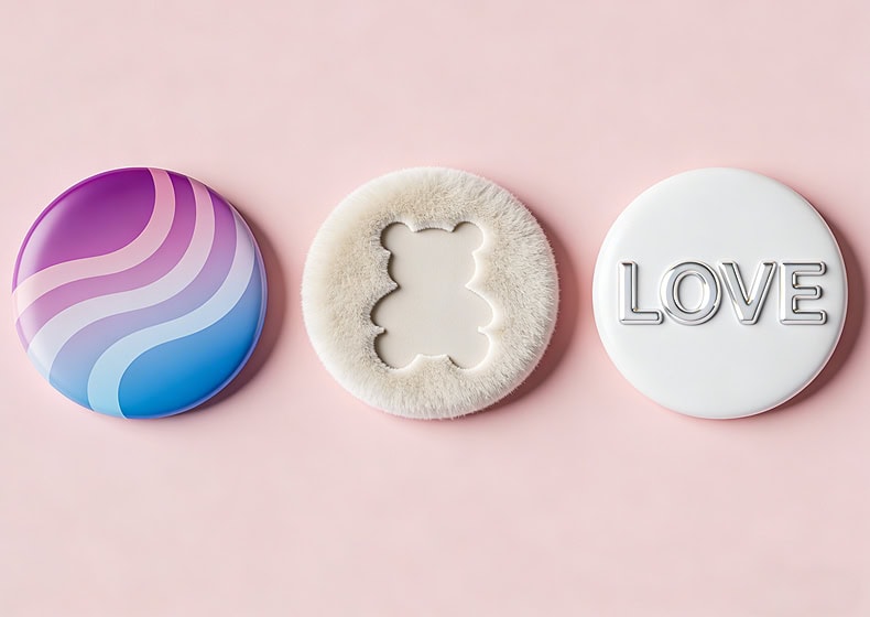 Colorful custom button badges with unique designs, including a wave pattern, a bear-shaped cutout, and the word "LOVE" embossed, perfect for promotional and branding purposes.