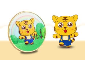 Bright cartoon tiger mascot plush with green trees and rainbow background, custom promotional product, ideal for awards or souvenirs.