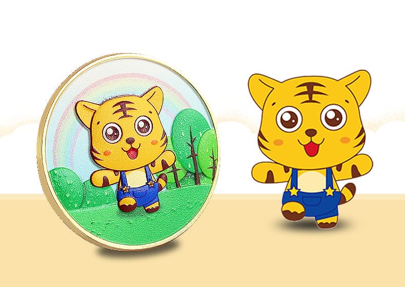 Bright cartoon tiger mascot plush with green trees and rainbow background, custom promotional product, ideal for awards or souvenirs.