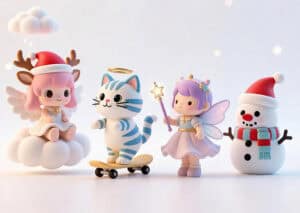Unique 3D PVC figurines featuring festive characters, including a reindeer girl, a playful striped cat, a fairy with a magic wand, and a cheerful snowman, perfect for promotional branding.