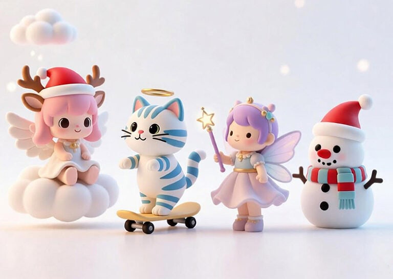 Unique 3D PVC figurines featuring festive characters, including a reindeer girl, a playful striped cat, a fairy with a magic wand, and a cheerful snowman, perfect for promotional branding.
