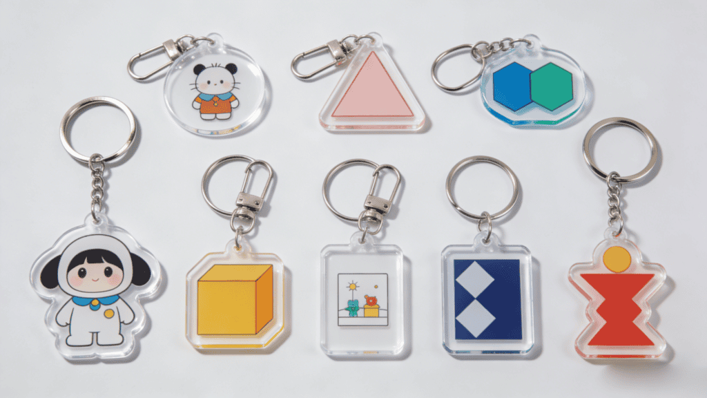 Acrylic keychains featuring various colorful designs, including characters, geometric shapes, and logos, ideal for promotional and retail branding purposes.