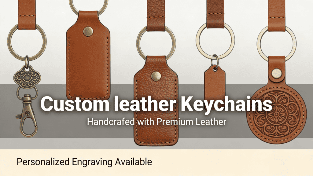 Close-up of handcrafted leather keychains with metal rings and decorative charms, showcasing premium craftsmanship and personalized engraving options.