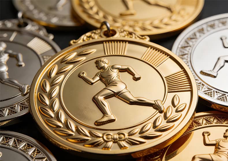 Gold and silver custom sports medals featuring a running athlete design, perfect for athletic events and competitions. High-quality medals with detailed engravings and durable finishes.