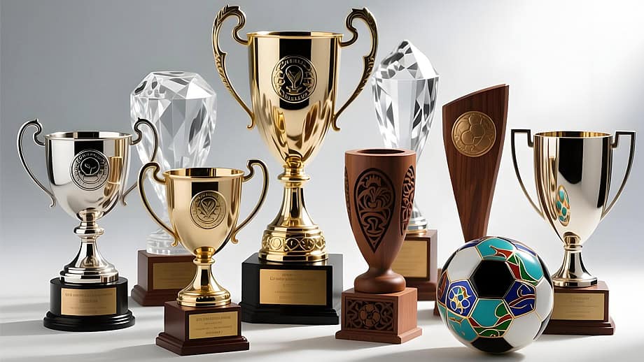 Collection of custom trophies and medals for corporate, sports, and recognition awards, showcasing various designs and finishes.