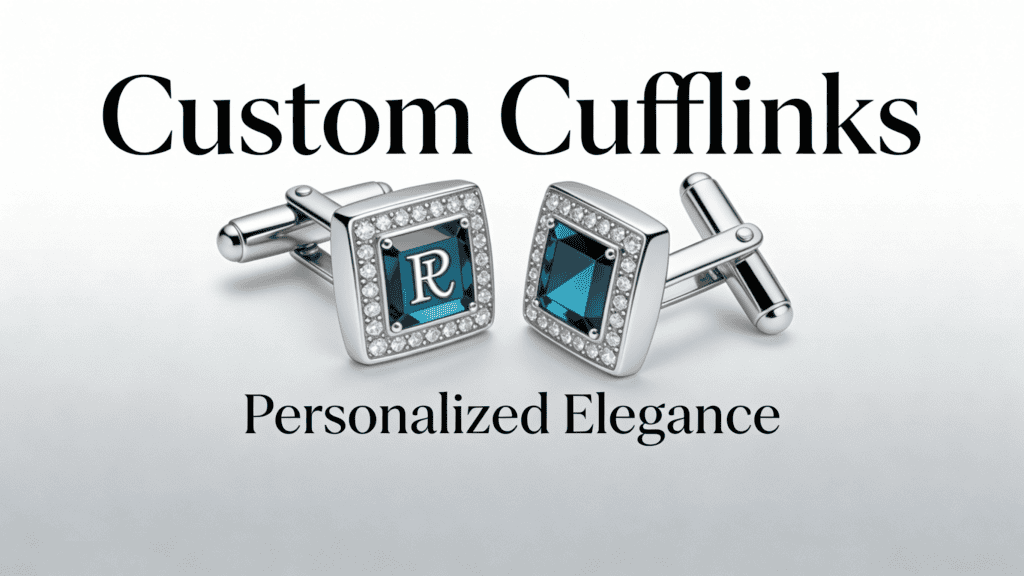 Elegant custom cufflinks featuring personalized initials and gemstones, perfect for corporate branding or special occasions. Crafted with high-quality materials for a sophisticated look.