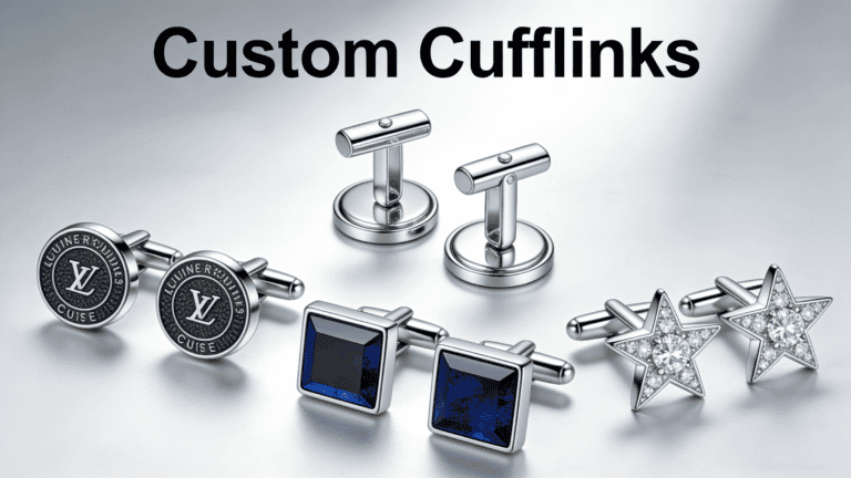 Elegant silver cufflinks with blue square stones and star-shaped designs with crystals, perfect for corporate branding and personalized accessories.