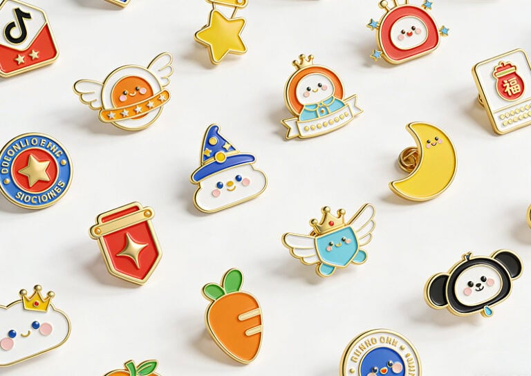 Colorful enamel pins featuring various playful designs and characters.