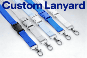 Custom promotional lanyard in blue, white, and black with metal clasp for ID badges, keys, or branding purposes. Perfect for corporate events and giveaways.