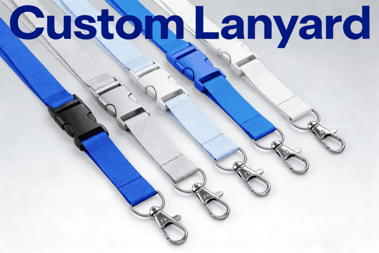 Custom promotional lanyard in blue, white, and black with metal clasp for ID badges, keys, or branding purposes. Perfect for corporate events and giveaways.