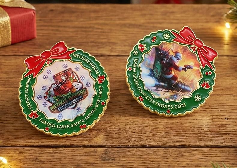Two colorful custom lenticular coins with holiday-themed designs, featuring festive bows and detailed images, displayed on a wooden surface.