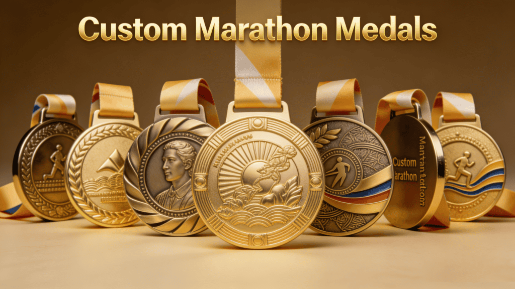 High-quality custom marathon medals featuring various designs and finishes, perfect for race awards and event recognition.